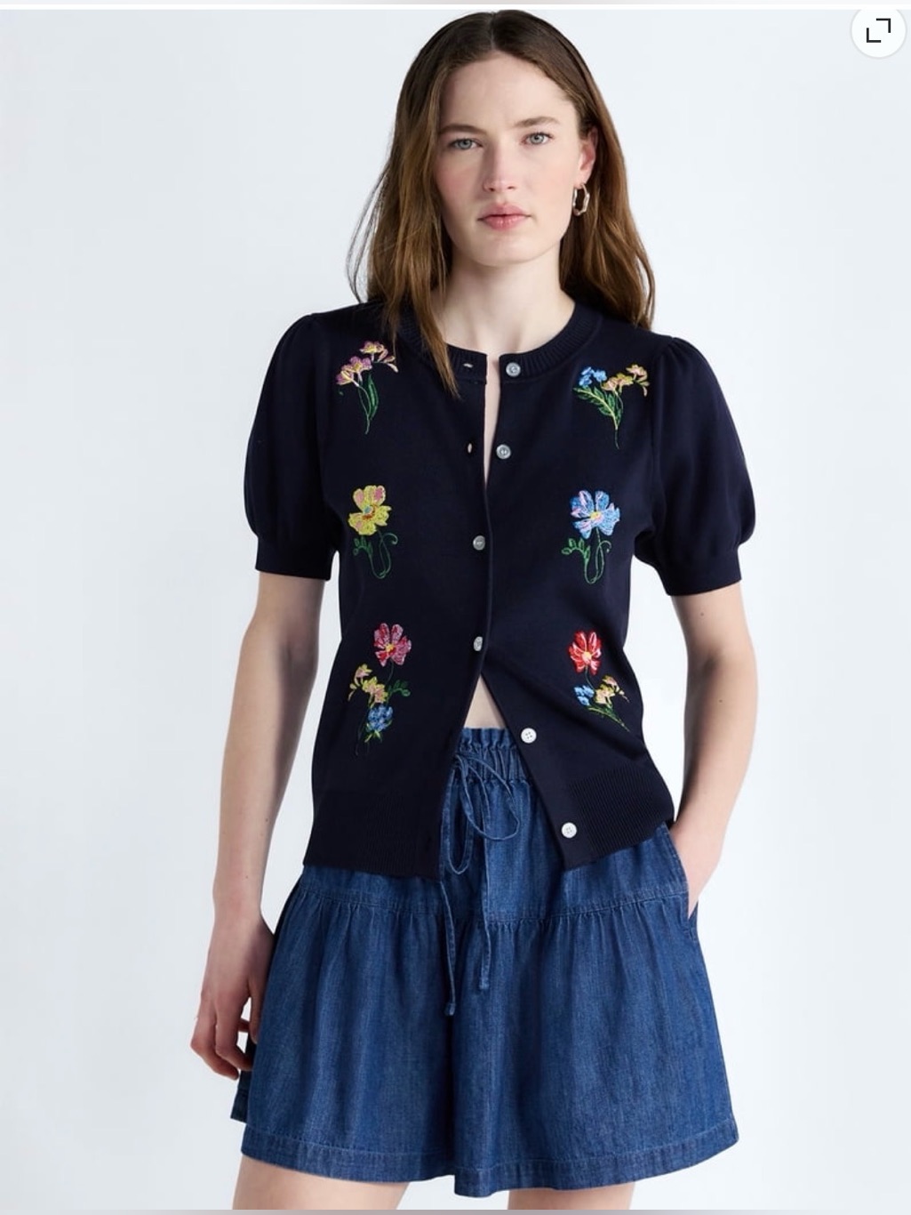 Embroidered Navy Short-Sleeve Cardigan Sweater